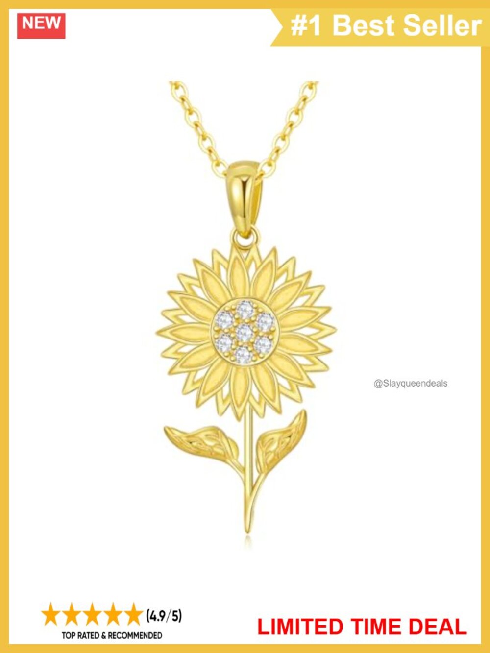 14K Gold Sunflower Pendant Necklace Moissanite 16in